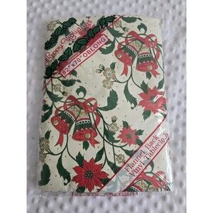 Vintage Holiday Flannel Back Tablecloth Ribbon Christmas Poinsettia New Oblong